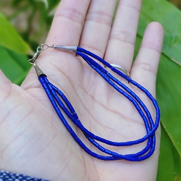 Native American handmade hand strung stabilized lapis lazuli three strand sterli - Picture 16 of 16
